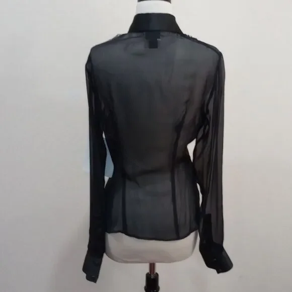 Just Cavalli Sheer Black Silk Blouse with Leopard Ruffle & Satin Trim - 44 / L - Picture 7 of 11